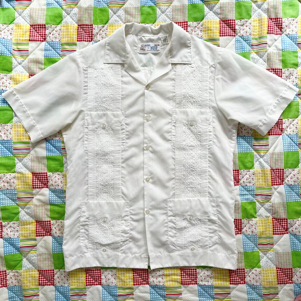 Vintage 70s White Guayabera Shirt Short Sleeve Mexican // Size‎ Medium